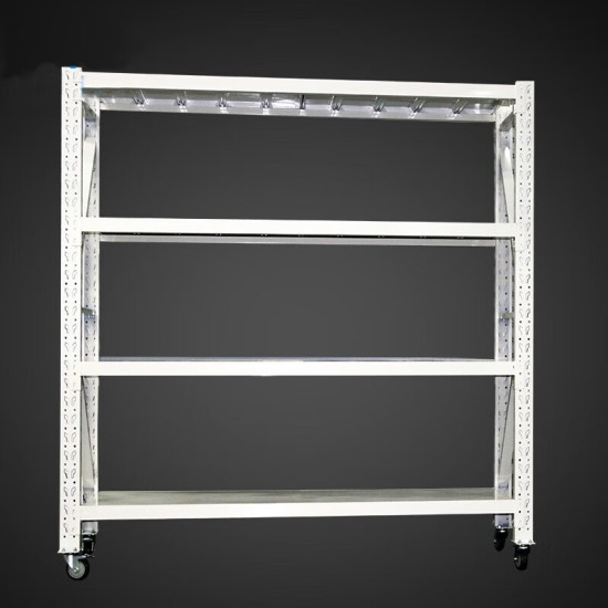 白色带轮子轻型移动货架 仓储展示置物架 120*50*200cm 四层主架均载150KG/层