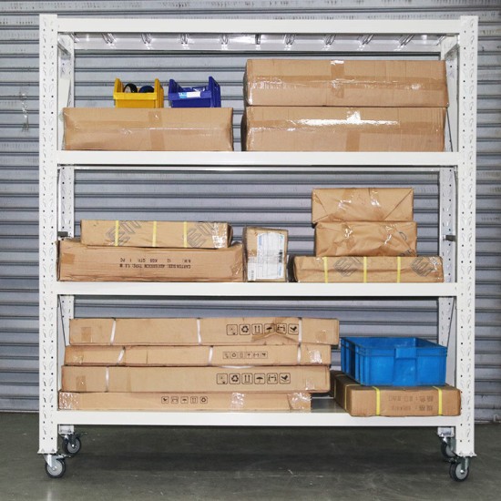 白色带轮子轻型移动货架 仓储展示置物架 120*50*200cm 四层主架均载150KG/层