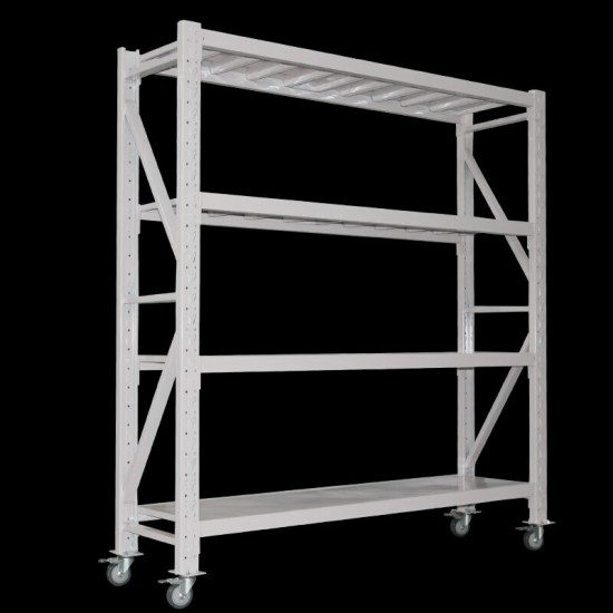 白色带轮子轻型移动货架 仓储展示置物架 120*50*200cm 四层主架均载150KG/层